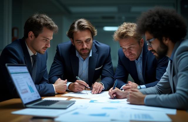 Team of journalists reviewing documents and evidence during an investigation