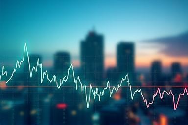 Stock market chart overlayed with a city skyline representing economic news