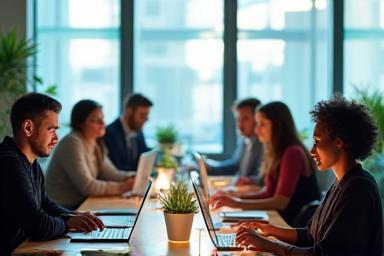 People working on laptops in a modern office space symbolizing technology news